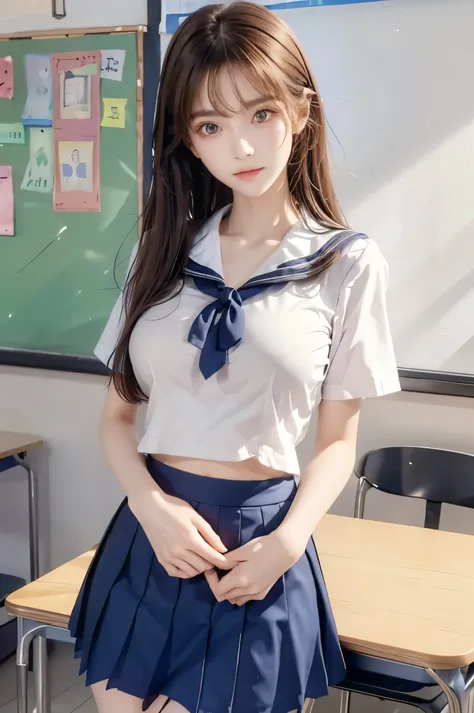 (Ultra HD), (Looking at me), (Short-sleeved sailor uniform, Navy blue mini skirt), Big Breasts, Super beautiful breasts, Slender, (Thin legs:1.2), (Thin thighs:1.2), (Thin Hips:1.4), (Beautiful Skin, Shiny skin, White skin), (Super slim face, Super beautif...
