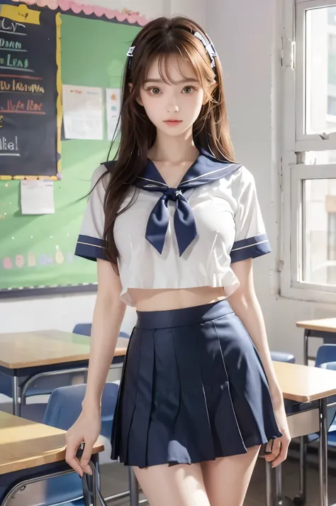 (Ultra HD), (Looking at me), (Short-sleeved sailor uniform, Navy blue mini skirt), Big Breasts, Super beautiful breasts, Slender, (Thin legs:1.2), (Thin thighs:1.2), (Thin Hips:1.4), (Beautiful Skin, Shiny skin, White skin), (Super slim face, Super beautif...