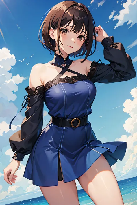 anime girl in beautiful short indigo dress, short brown hair, brown eyes, seductive anime girl, large breasts, anime girl smiling, short hair, makoto shinka, rin, sexy clothing