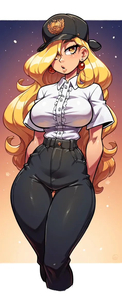  a sexy woman attractive big breast radical youth beautiful long wavy yellow hair wearing cap winter soviet golden her bright colorful eye wears white buttoned blouse tied knot short sleeve and long black pants big thigh sensual long golden heel 