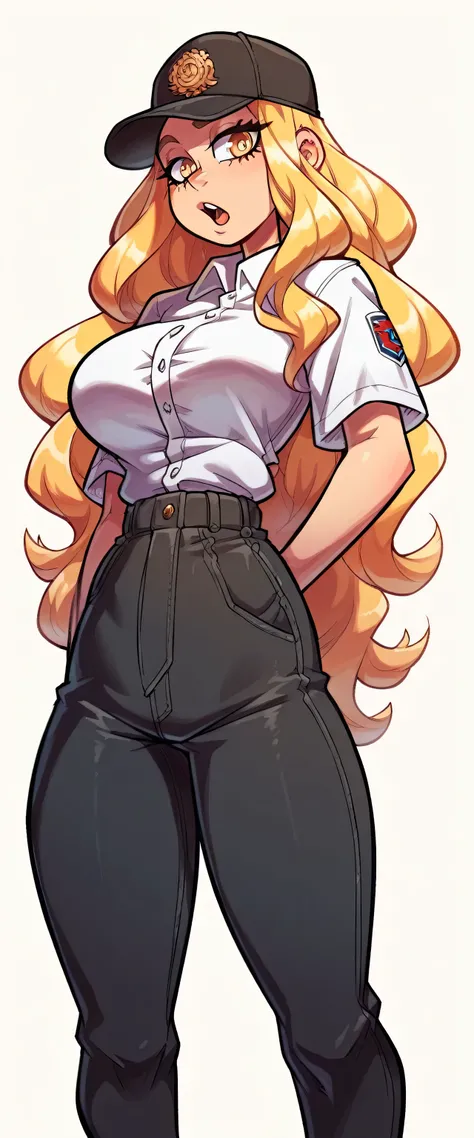  a sexy woman attractive big breast radical youth beautiful long wavy yellow hair wearing cap winter soviet golden her bright colorful eye wears white buttoned blouse tied knot short sleeve and long black pants big thigh sensual long golden heel 