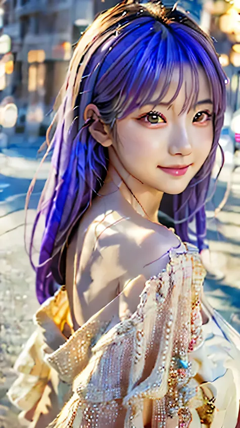 (purple hair:1.2),Close-up of a woman in a white sweater and jeans, photoRealistic anime girl render, 8K Portrait Rendering, 8k art germany bokeh, Gorgeous Chinese Model, Popular on cgstation, Realistic. Chen Yi, Shision Wu, Realistic young gravure idol, E...