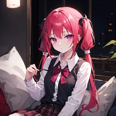 darkness desolate and a little melancholic environment while a light focuses and illuminates the being of Satanichia mcdowell fixed gaze detailed magenta eyes dressed beautifully and semi-long red hair tied with 2 pigtails and 2 clips black sleeveless butt...