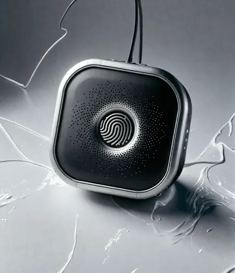 there is a black and silver speaker with a fingerprint on it, digital art - w 0, 2020, 2 0 2 0, futuristic product design, bold,...