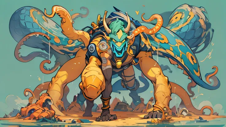 arafed man in a yellow and blue outfit is holding a giant orange object, his trunk is a huge tentacle, his trunk is a long tentacle, junkrat from overwatch, big tentacle sneak around, huge tentacles, colorful muscular eldritch, tentacles around, tentacles ...