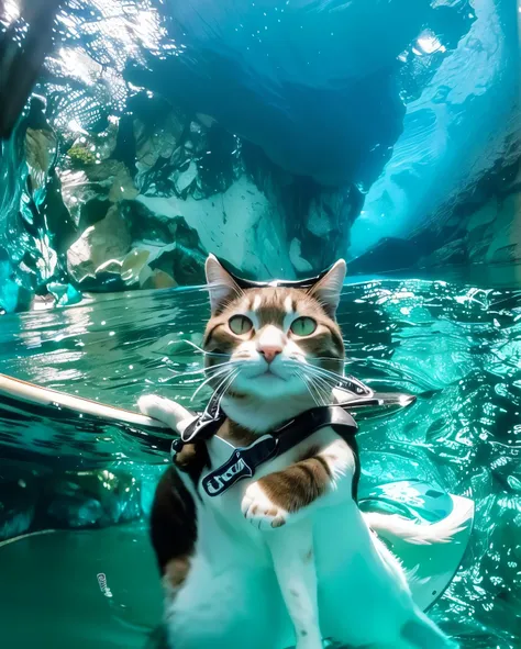 Theres a cat thats sitting on a surfboard in the water, acidentalmente tirando uma Selfie, gato preto tirando aquela bela Selfie da  natureza da cachoeiras, towards the camera.