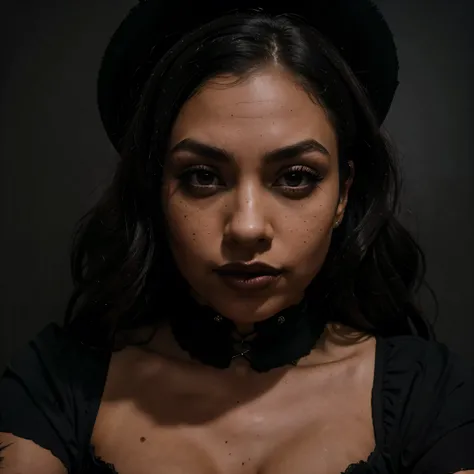 a closeup selfie of one young goth latina in a dark room; wearing black goth corset and thong, black stockings, black pointed witch hat; hourglass figure; brown skin; round face with dark almond shape eyes, sticking out tongue, dark makeup, thick eyebrows,...