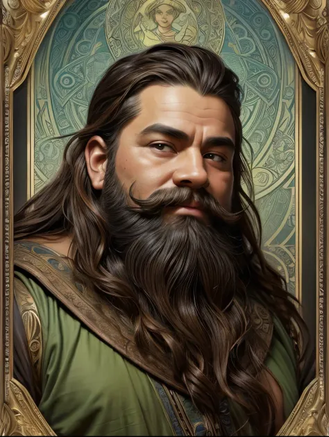 Portrait Rpg, Bronze Frame, Close-up, Race: Dwarf, Gender: Male, Age: 30 years, Eyes: Dark Brown; Skin color: Light skin, Hair: Curly brown, Physique: Fat complexion, Facial features: Leafy beard, Expression: Cheerful look, Equipment: Dwarf King clothing, ...