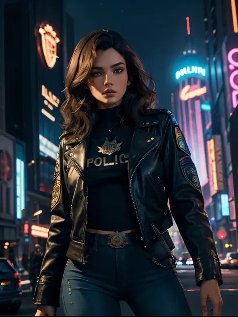 portrait of natlp as a beautiful female model, georgia fowler, beautiful face, with short dark brown hair, in cyberpunk city at ...