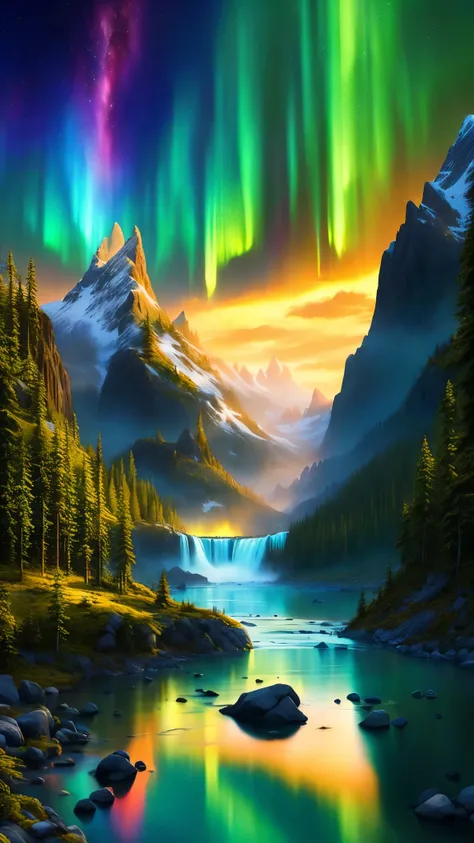 A painting depicting a mountain landscape with aurora borealis and a stream, Beautiful art uhd 4k, Magnificent natural scenery, Magnificent background, 8k stunning artwork, Magical Landscape, Extraordinary colorful landscape, Stunning natural scenery in th...