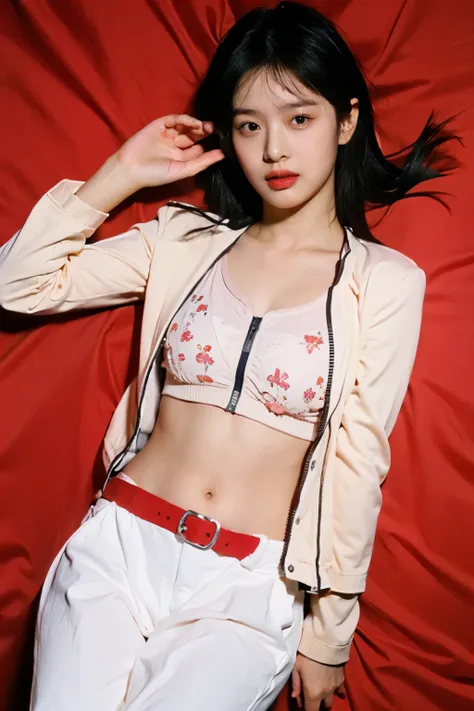 real photo of a  korean girl with fair skin and beauty lying on her back on a red bed , her entire body faces the camera, both a...