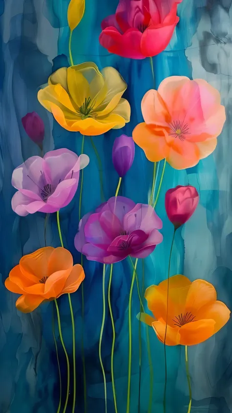 painting of Colorful flowers on a blue background with a green background, magical Colorful flowers, Colorful flowers, brightly Colored flowers, Rotating flowers, Colored flowers, Colorful flowers, The color is beautiful, Beautiful color art!, Flowers colo...