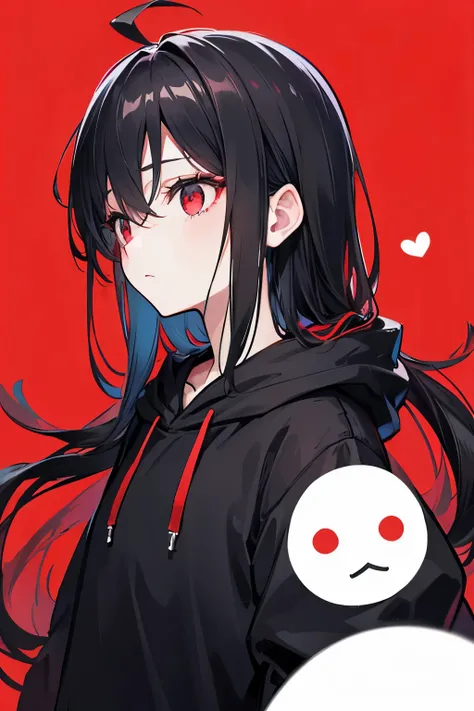 Only one person、Black Hair、Long Hair、Big Ahoge、Expressionless、profile、Droopy eyes、Red eyes、Hollow Eyes、Black hoodie、Shorts、Character portrait、Black Background、Best Quality、High resolution