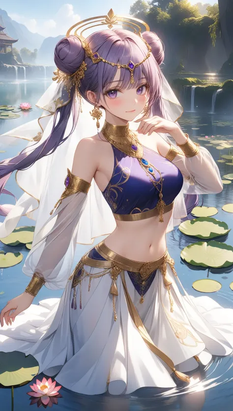 1girl, solo, long hair, looking at viewer, blush, long sleeves, navel, closed mouth, jewelry, bare shoulders, twintails, medium breasts, standing, purple eyes, purple hair, flower, detached sleeves, hand up, midriff, stomach, hair bun, water, crop top, dou...