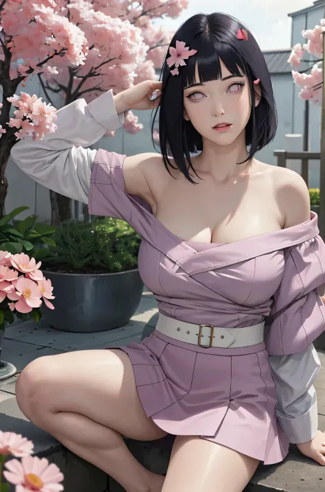 masterpiece, absurdres, hinata(boruto), 1girl, solo,mature female, off-shoulder strap bra, high waist short skirt, looking at viewer, (falling petals), perfect composition, detailed lips, big breast, beautiful face, body propotion, blush, (pink lips), long...