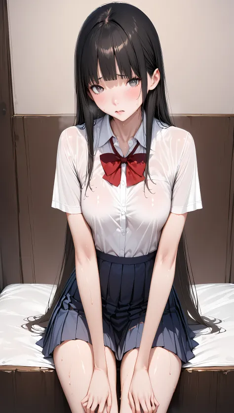 ((masterpiece,Best Quality:1.3,best quality illustrations,realistic)),cowboy shot,portrait,1 woman,adult,straight long hair,black hair,very small head,bangs,gray eyes,(gorgeous eyes),shy,long body,medium breasts,(School uniform、collared white shirt,Short s...