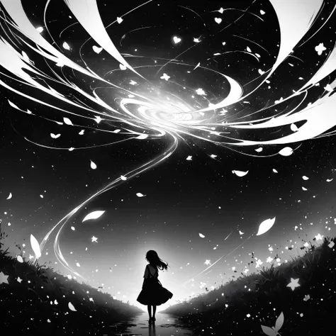 Create a dreamscape where a Japanese schoolgirl stands on a giant sakura petal floating in a starry void. Streams of smaller petals flow from the larger one, forming a spiral galaxy shape. As the petals swirl outward, they transform into twinkling stars an...