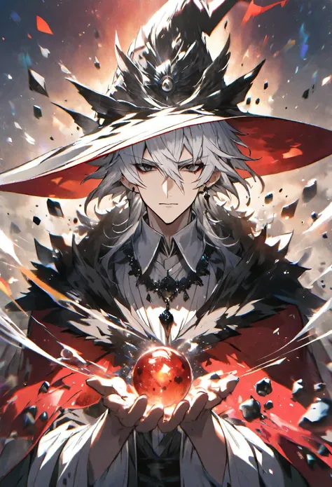 Solo, 1 male, medium white hair, black eyes, white shirt, black crystal necklace, red cloak, red point hat, wizard