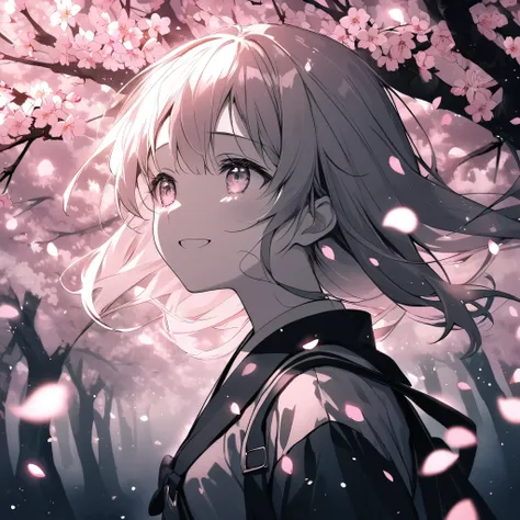 Create a melancholic scene of a young Japanese female student standing alone in a cherry blossom grove at twilight. Soft pink petals float in the air, gradually fading to black and white as they drift away from her. The girls expression is one of longing a...