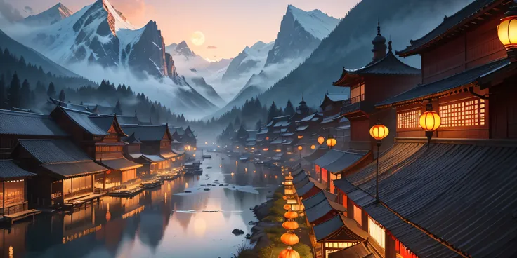 （Red Tang Mid-Autumn Festival），A map of thousands of miles of rivers and mountains， bazaars，cgsociety contest winner, DreamlikeArt, intricate ornate anime cgi style, extremly high detail,