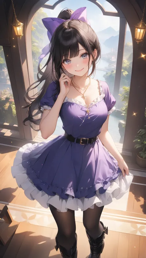 1girl, solo, breasts, looking at viewer, blush, smile, black hair, closed mouth, jewelry, standing, full body, ponytail, short sleeves, hair bow, frills, boots, hand up, black footwear, necklace, black pantyhose, grey eyes, sparkle, frilled dress, purple d...