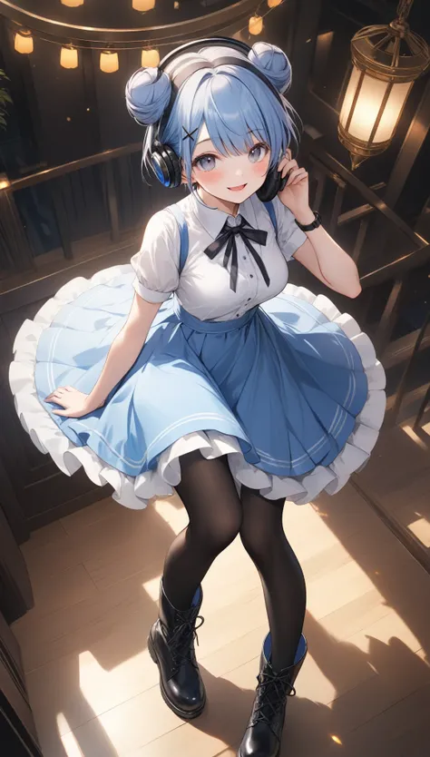 1girl, solo, looking at viewer, blush, smile, open mouth, short hair, medium breasts, blue hair, white shirt, full body, short sleeves, :d, frills, boots, collared shirt, hand up, black footwear, hair bun, black pantyhose, grey eyes, neck ribbon, black rib...