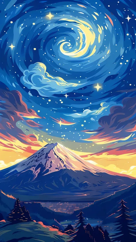 A painting of a mountain with a spiral pattern, Magnificent background, Anime sky, Stunning art style, Anime Landscape, Detailed painting 4k, Anime Background Art, anime background, Mount Fuji background, Universe sky, Old Sky, Beautiful art uhd 4k, Detail...