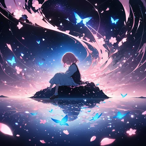 Illustrate a surreal scene of a Japanese schoolgirl sitting alone on a giant cherry blossom petal floating in a cosmic void. Shes hugging her knees, looking forlorn. Streams of tears from her eyes transform into glowing blue butterflies. Shattered pieces o...