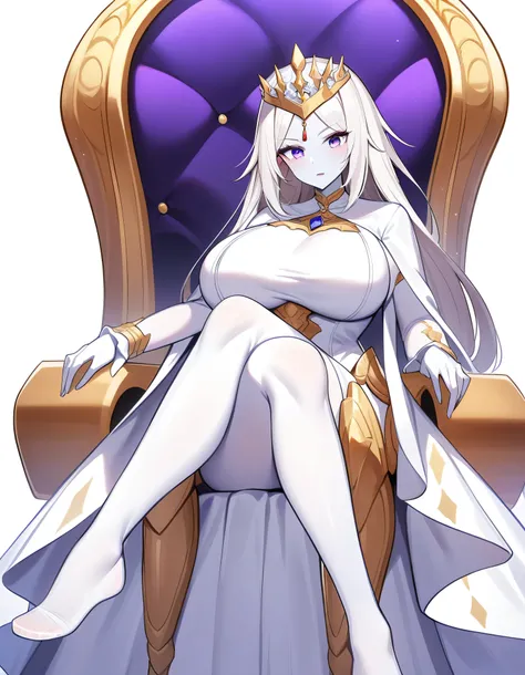 A woman sitting on a throne, Crossing your legs, No background, Full body detail shot, Full body close-up, Huge Breasts, Wearing white stockings, Full body stockings, Anime Goddess, Highest rated on pixiv, , pixiv 3dcg, White-haired gods, She has a pair of...