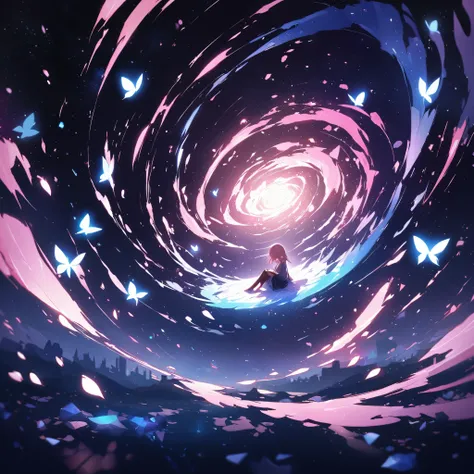 Illustrate a surreal scene of a Japanese schoolgirl sitting alone on a giant cherry blossom petal floating in a cosmic void. Shes hugging her knees, looking forlorn. Streams of tears from her eyes transform into glowing blue butterflies. Shattered pieces o...