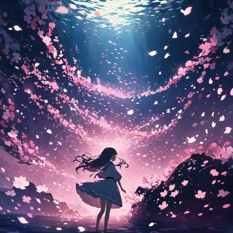 Render a dreamlike underwater scene with a Japanese schoolgirl suspended in an ocean of memories. Shes reaching out towards a fading light above. Swirling around her are illuminated cherry blossom petals, each containing a tiny scene from her past. Schools...