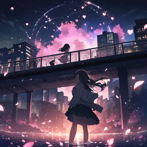 Illustrate a panoramic cityscape at night, focusing on a solitary Japanese schoolgirl standing on a bridge. The city lights behind her form the shape of a broken heart. Cherry blossom petals are caught in a swirling wind, carrying snippets of happy memorie...