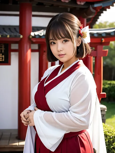 ((((chubby,overweight,corpulent)))),(((Double chin))),(((Plump face,fat))),((Shrine maiden)),((Best Quality)),((Model pose、whole body)),Short Hair,((Temple、shrine、Domestic))