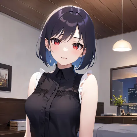 (at night:1.5), Upper Body, (pale skin:1.2), shiny skin, shiny hair、sexy, (A 40-year-old woman) and (bob cut) and (hair between eyes) and (black hair) and (red eyes), (black) and (Sleeveless ruffled collared blouse), smile, The background is the living roo...