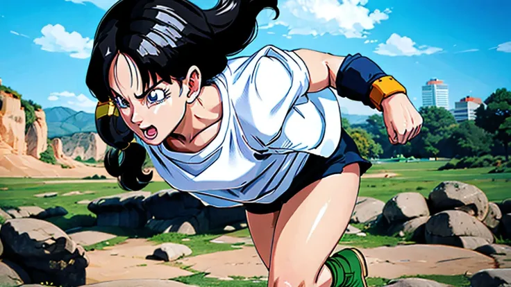 Videl from Dragon Ball, super saiyan mode, blue eyes, pigtails, white shirt, sport shots, black gloves fingerless, green boots, (best quality,4k,8k,highres,masterpiece:1.2),ultra-detailed,(realistic,photorealistic,photo-realistic:1.37),dynamic action pose,...