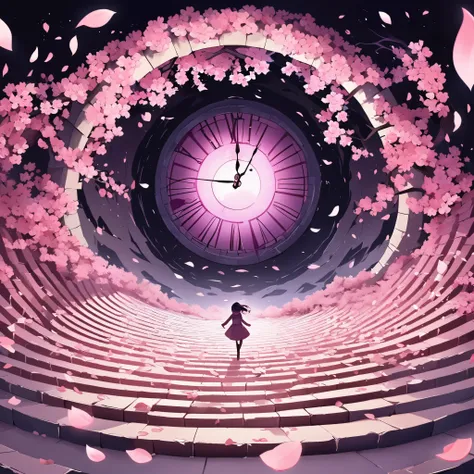 Create a surreal, M.C. Escher-inspired scene of a Japanese schoolgirl traversing impossible staircases made of giant cherry blossom petals. Each staircase leads to a different memory portal, some bright and inviting, others dark and foreboding. In the cent...