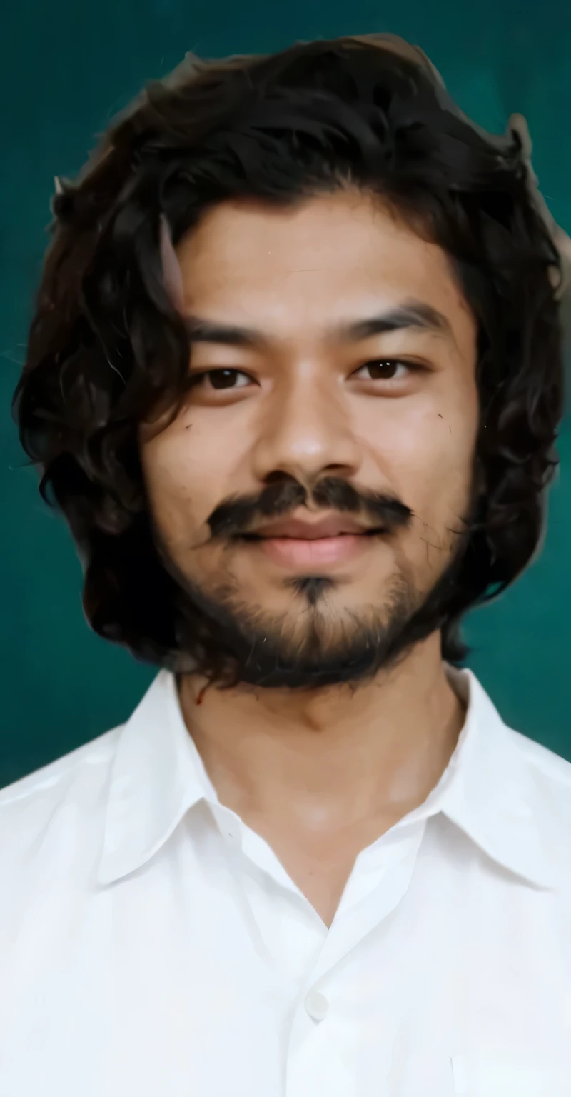 realistic photo,an Indonesian man with a mustache and beard, wavy black hair, wearing a white shirt