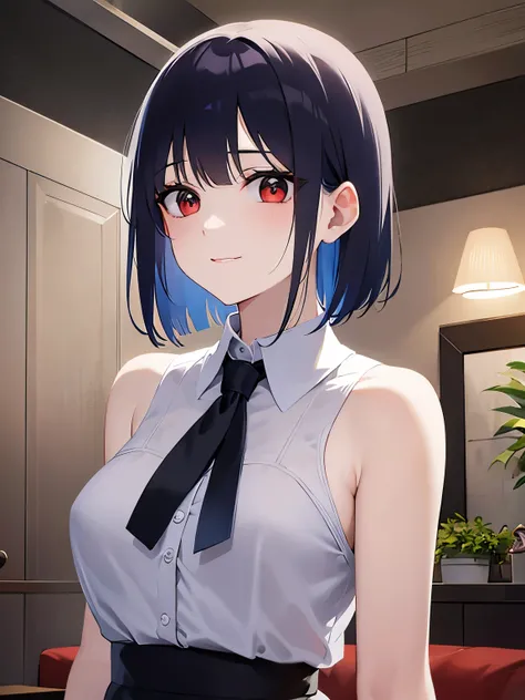 (at night:1.5), Upper Body, (pale skin:1.2), shiny skin, shiny hair、sexy, (A 40-year-old woman) and (bob cut) and (hair between eyes) and (black hair) and (red eyes), (white) and (Sleeveless ruffled collared blouse), smile, The background is the living roo...