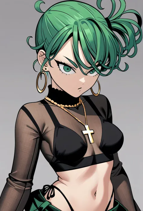 tatsumaki,green hair,curly hair,green eyes short hair,medium breast ,Side Ponytail, black bra, long sleeves, mesh crop top, shorts,black shorts,
highleg panties , earrings,hoop earrings,cross necklace,jewelry,poese.medium breasts
High Resolution, Masterpie...