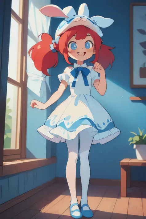 standing, indoor, intricate detail, sunlight, blue and white frilly dress, (white tights), white and blue shoes, red hair, two ponytails in hair, cute bunny hat, blue eyes, smile face.