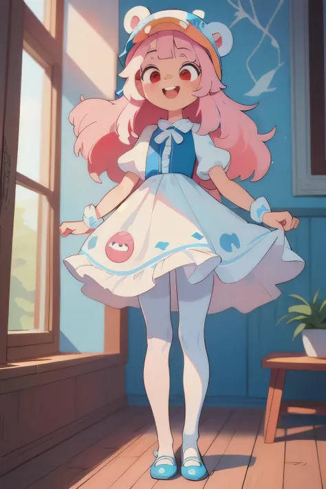 (masterpiece, best quality) standing, indoor, intricate detail, sunlight, blue and white frilly dress, (white tights), white and blue shoes, straight pink hair, cute bear hat, red eyes, fair skin, smiley face, missing a tooth.