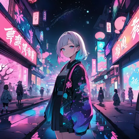 Create a multi-layered scene centered on a Japanese female student. The foreground shows her in a modern city, surrounded by neon lights forming lyrics from the song. The middle layer transforms into a traditional Japanese garden with cherry blossoms and s...