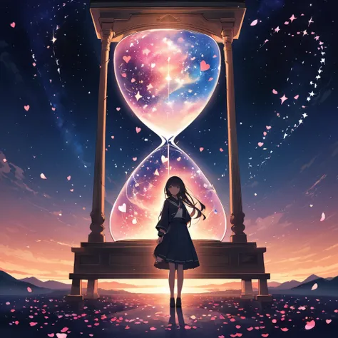 Illustrate a metaphorical representation of the lyrics with a Japanese schoolgirl standing at the center of a giant hourglass. The upper chamber is filled with vibrant sakura petals and pulsing hearts, while the lower chamber contains faded petals, broken ...