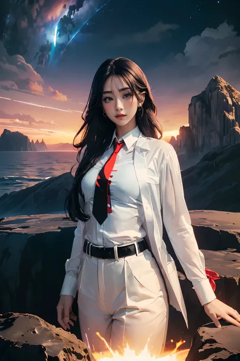 ((Masterpiece, best quality, very detailed), Volumetric light, surrounding occlusion, Rich and colorful, glow), 1 woman, , young girl, (Smooth black), long hair, radius, sacred, goddess, CEO Luke, (black suit, White shirt and red tie:1.3), armor, outdoor, ...