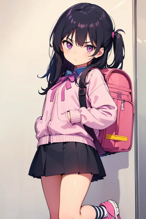 Elementary school student, , toddler, flat chest 　Thin limbs　Black hair, long hair, purple eyes　Troubled expression　（（One person）） Autumn clothes suitable for elementary school students　mini skirt　Carrying a backpack　white kids panties 　Colorful high socks...