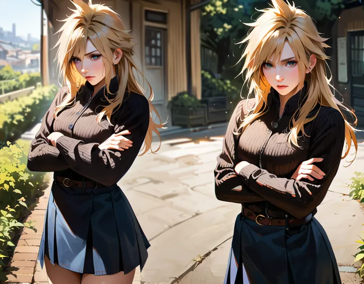 (masterpiece), (high quality), (realistic 1.5),cloudstrife,female,long hair,beautiful,dry,standing up,skirt,chic,crooked,side-ey...