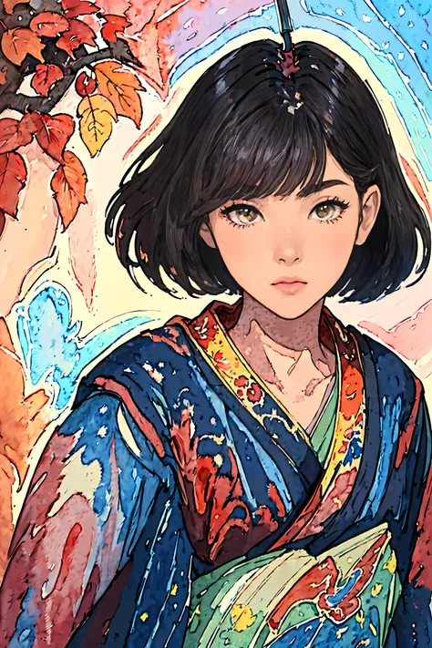 ((1girl in:), beauitful face, (Lifelike face), (A dark-haired, short-hair:1.3), Beautiful hairstyle, double eyelid、 Beautiful skins, Garden with beautiful autumn leaves Autumn leaves red yellow autumn leaf pattern kimono(​masterpiece)、(ultra-detailed)、Best...