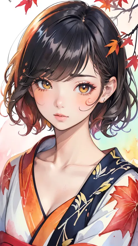 ((1girl in:), beauitful face, (Lifelike face), (A dark-haired, short-hair:1.3), Beautiful hairstyle, double eyelid、 Beautiful skins, Garden with beautiful autumn leaves Autumn leaves red yellow autumn leaf pattern kimono(​masterpiece)、(ultra-detailed)、Best...