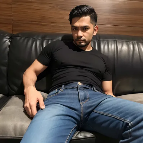 Age 30、Middle-aged men、mafia、Black Shirt、Slim jeans､sofa。Spread your legs、、Muscular, ,Super Short､Undercut、Stubble、Face of Sri Lanka　Upper body close-up　　View from below　