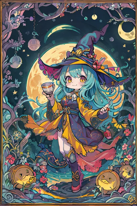 masterpiece, Best Quality, Chibi, Wizard Tea , witch, 美しいwitch, happy, Vibrant, colorful,(((Big full moon)))、Under the full moon,happyハロウィン